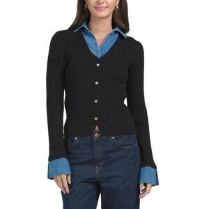ELLEN TRACY Black Button Front Cardigan With Denim Trim